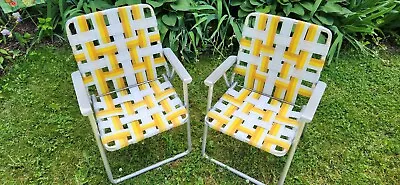 Set Of 2 Vintage Aluminum Folding Lawn Chairs Yellow/Orange/White Webbing Rare • $49.99