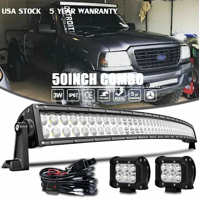 For Ford Ranger Top Roof 50  Curved LED Light Bar 4  Pods Lamp Combo +Wiring Kit • $85.99