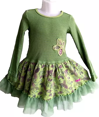 Naartjie Girl 3y Dress Green Stripelong Sleevetulle Rufflepurple Floralappl • $5.99