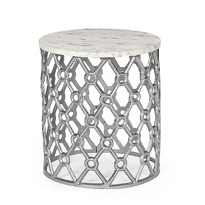 Lenhart Modern Glam Handcrafted Marble Top Aluminum Side Table Nickel/White - • $50.99