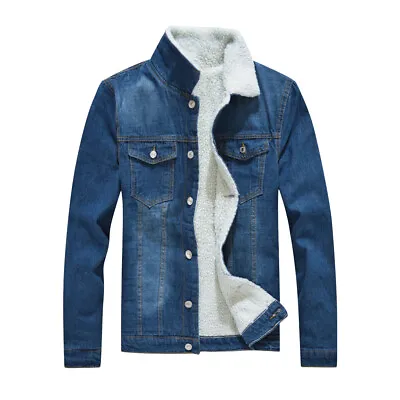 Men Fleece Lined Winter Warm Trucker Denim Jean Jacket Outwear Fur Collar Coat • £39.80