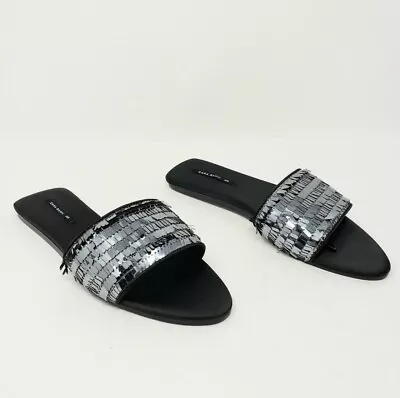 Zara Womena 5 Black Silver Flip Sequin Slip On Flats Slides Shoes New • $17.99