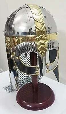 Medieval Armor Viking Mask Helmet With Chainmail With Wooden Helmet Display Stan • $120.55