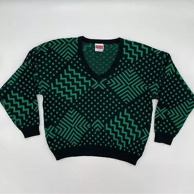 Vintage Sweater Women's Crazy Retro Zig Zag Black Green Oversize Funky Quirky • $32.40