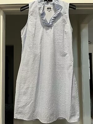Mud Pie Women’s Blue/white Stripped Seersucker Ruffle V Neck Sleeveless Dress M  • $19.99