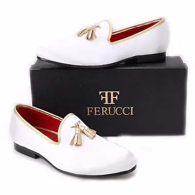 FERUCCI White Custom-made Velvet Slippers Loafers With Gold Tassel Prom Wedding • $139.99