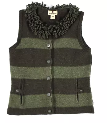 Vintage Woolrich Lambswool Vest Fringe Collar Dark Loden Green Striped Women's S • $19.99