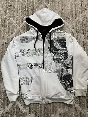 MMA Elite Y2K Black White Gray Skull Sherpa Zip Up Hoodie Size S • $74.99