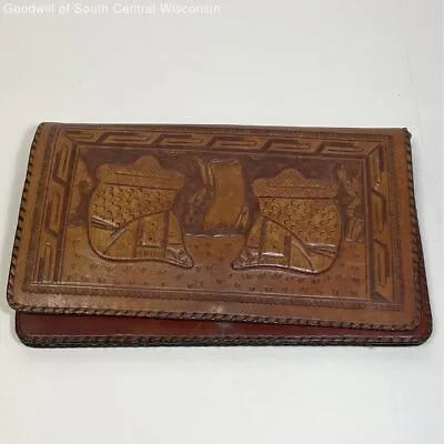 Tooled Leather Crossbody Bifold Purse W/ Mexican Patterns & Motif • $20.18