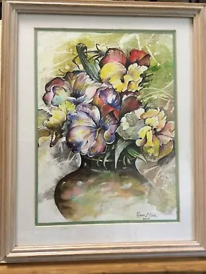 Original Signed Framed Watercolor Oil Flowers Vase Painting Framed Vernon Viola • $59.99