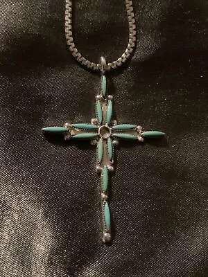 Native American Vintage Turquoise Sterling Silver Cross Pendent • $40