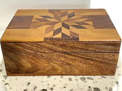 VTG Marquetry Wood Inlaid Box Trinket Sewing Jewelry Mid-Century Style Primitive • $22.95