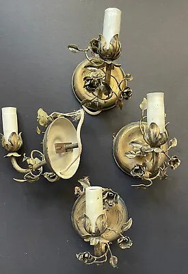 4 RARE Vintage ELECTRIC Gold Tone FLORAL WALL SCONCES ITALY Antique Metal Leaves • $199.95