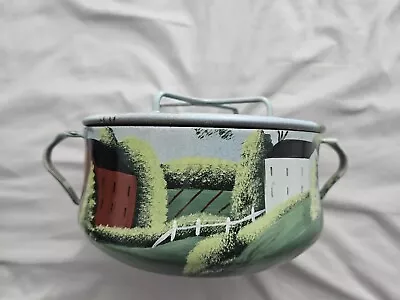 VTG Dansk Kobenstyle 2 Quart Enamel Pot Trivet Lid FRANCE Dutch Oven Art Painted • $75