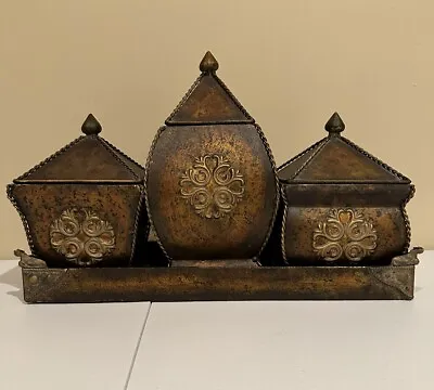Antique Metal Keeper Canister Set Of 3 With Tray • $59.99