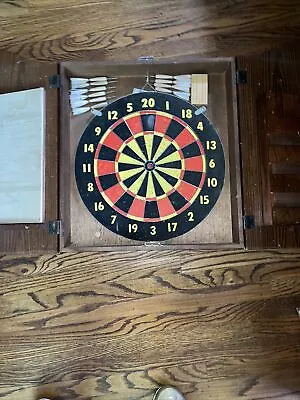 Vintage The Golden Clipper 1805 Hanging Wooden Dartboard Cabinet With Darts • $50
