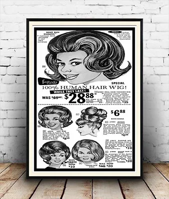 Human Hair Wig : Old USA Magazine Advert Reproduction Poster Wall Art. • £4.19