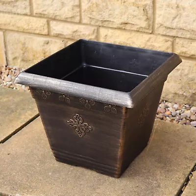 Square Medley Planter 37cm Black Bronze Plastic Antique Baroque Garden Plant Pot • £15