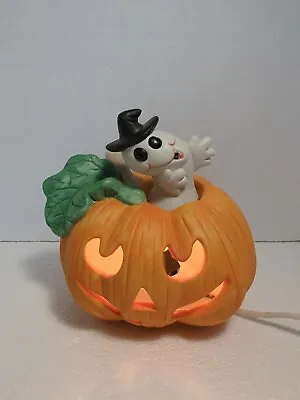 Vintage Lighted Pumpkin With Ghost Hand Painted Porcelain WORKS • $34.99