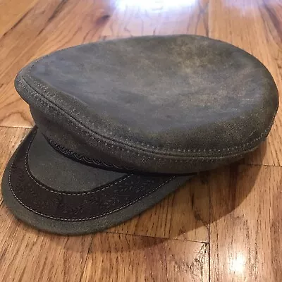 Vintage Genuine Leather 2 Tone Newsboy Military Sailor Hat Unisex Size Large • $24.99