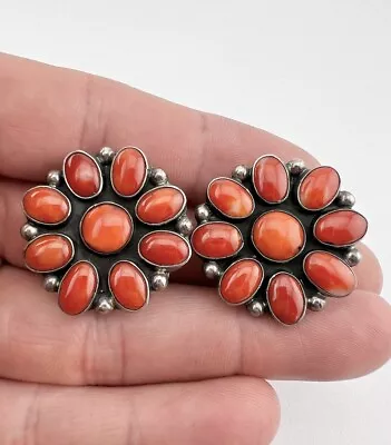 Vtg FEDERICO JIMENEZ Navajo Sterling Silver Red Coral Floral Clip Earrings • $295