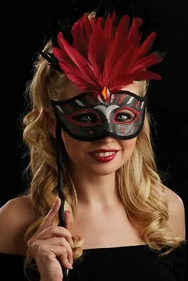£7.95 • Buy Venetian Masquerade Ball Mask + Feather On Stick 2 Colours Carnival Valentine
