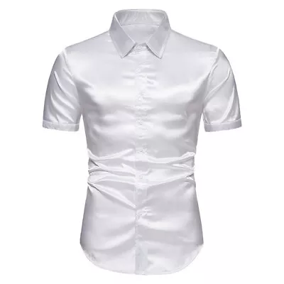 Men Short Sleeve Shirt Faux Silk Satin Glossy Tops Button Slim Stage Costumes • £19.19