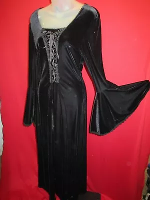 ~Black Velvet Edwardian Bustier Front Elvira Gothic Dress Bat Wing Sleeves Sz M~ • $112.49