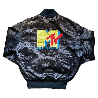 Vintage 80s MTV Embroidered Satin Bomber Jacket Sz M • $85