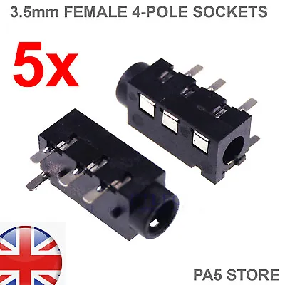 5x 3.5mm Female Sockets PCB Mount For Jack - 4-POLE - TRRS High Quality (5pcs) • £3.49