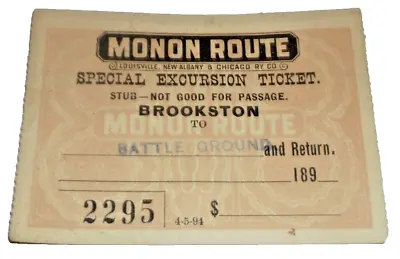 August 1894 Monon Railroad Used Special Excursion Ticket Lna&c Brookston Indiana • $40