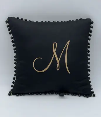 VTG Borgata Decorative  M  Pillow Monogram Black Gold Beads 12x12” • $16