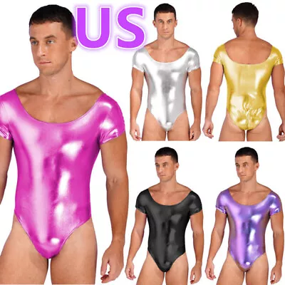 US Men's Shiny Bodysuits Leotard Short Sleeve Jumpsuits Romper Nightclub Unitard • $9.43