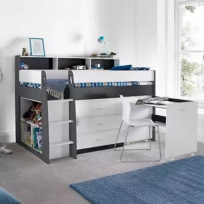 Erin Grey And White Mid Sleeper Cabin Bed With Desk With Mattress Kids Bed • £624.99