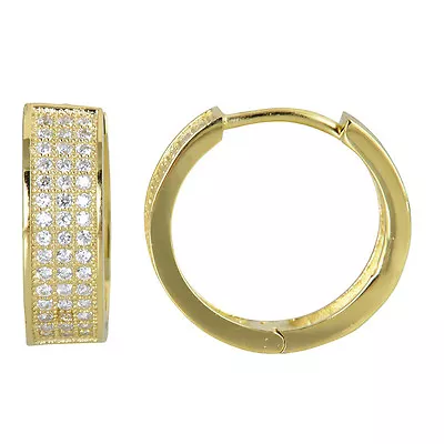 Diamonique CZ Micro Pave Huggie Hoop Earrings 14K Yellow Gold Plated Real Silver • $34.20