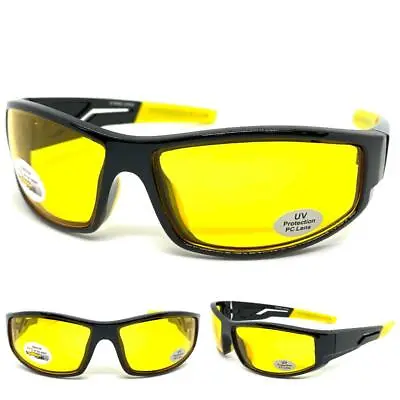 Biker Wrap Sports Safety SUN GLASSES Eyewear Night Driving Riding Yellow HD Lens • $14.99