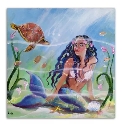 Pretty Mermaid And Sea Turtle 14x14 Square original Canvas Painting..REVISED • $50