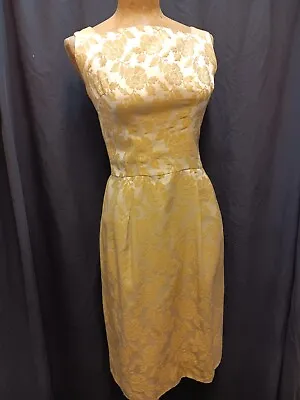 Vintage 60's Gold Rayon Satin Brocade Wiggle Dress & Jacket Carol Craig XS • $32