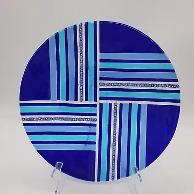 Cobalt Blue Stripes Fused Glass Millefiori 14  Charger Plate • $134.99