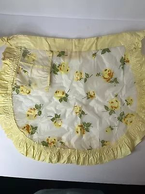 Vintage Half Apron Yellow Roses Vinyl Waterproof Ruffed Pocket Rare Example • $13