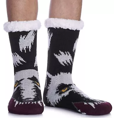 Mens Warm Slipper Socks Soft Cozy Fuzzy Fleece-Lined One Size Black Wolf • $18.40