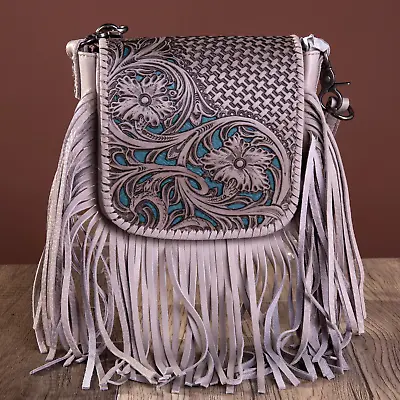 Montana West Genuine Leather Tooled Collection Fringe Crossbody Tan • $59.99