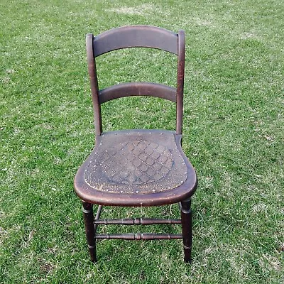 Antique Solid Wooden Side Chair Embossed Cardboard Seat 33  Tall Turned Spindle • $31.96