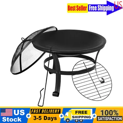Round Wood Burning Iron Fire Pit Heater Furniture W/ Mesh Spark Screen Poke New • $62.19