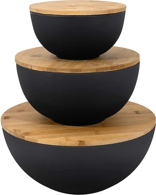 $53.97 • Buy Salad Bowl Set Of 3 With Wooden Lids | Mixing Bowl & Storage Set For Serving
