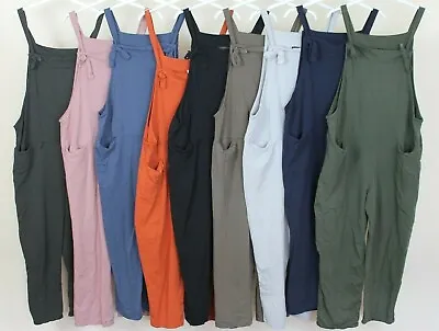 New Ladies Italian Lagenlook 2 Pocket Front Tie Comfy Cotton Jumpsuit Dungarees • £20.99