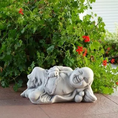 Solid Stone Figure Laughing Buddha Lying Monk Stone Cast Frost Resistant • £61.70