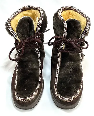 Vintage Quoddy Womens Size 6 Moccasin Boots Brown Leather Sherpa Lined Lace Up • £41.41