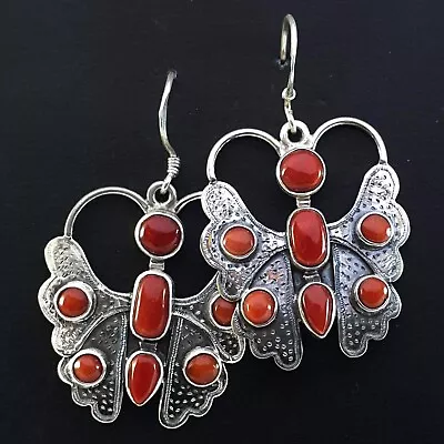 Old 925 Sterling Silver Red Coral Stone Nepal Tibetan Butterfly Earrings Vintage • $174