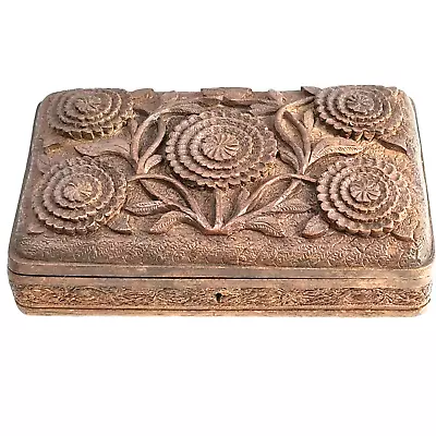 Vintage 1940's Wooden Floral Hand Carved Cigar Trinket Decorative Box Felt Lined • $49.98